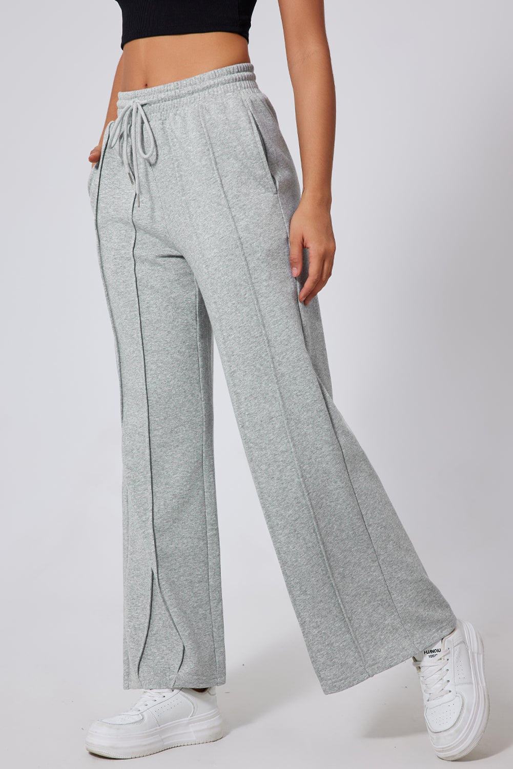 Solid Seam Drawstring Wide Leg Sweatpants