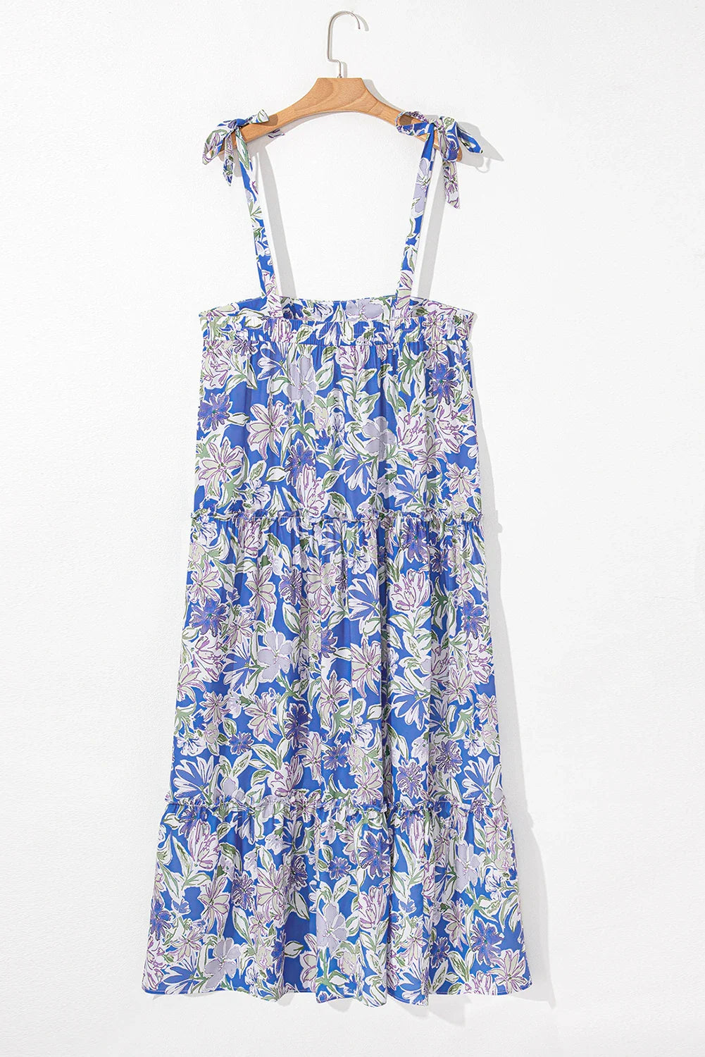 Floral Self-Tie Straps Flowy Ruffle Long Dress
