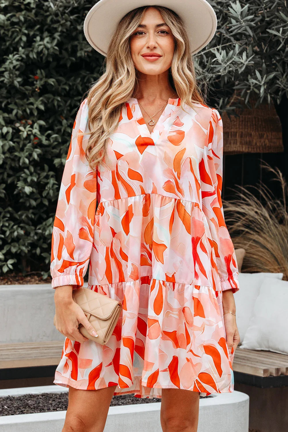 Abstract Split Neck Long Sleeve Dress
