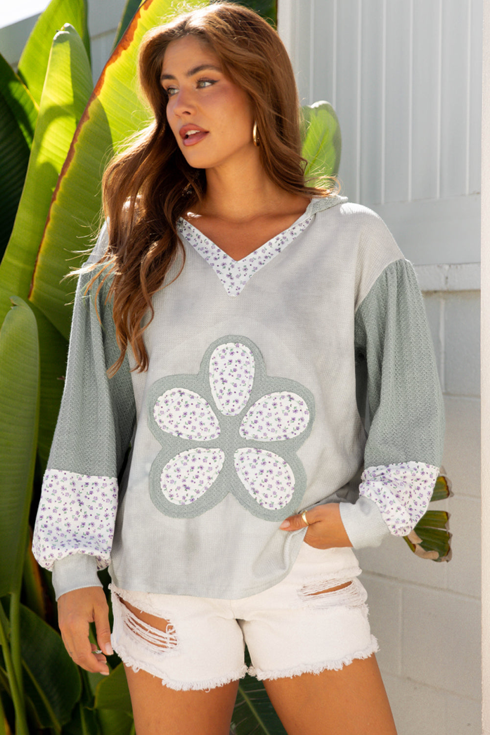Floral Patchwork Waffle Textured V-Neck Hooded Top