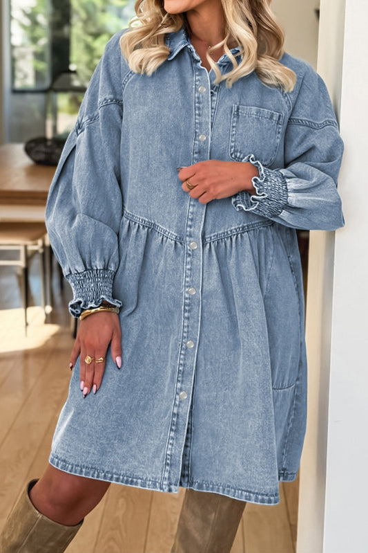 Denim Smocked Cuffs Shirt Mini Dress