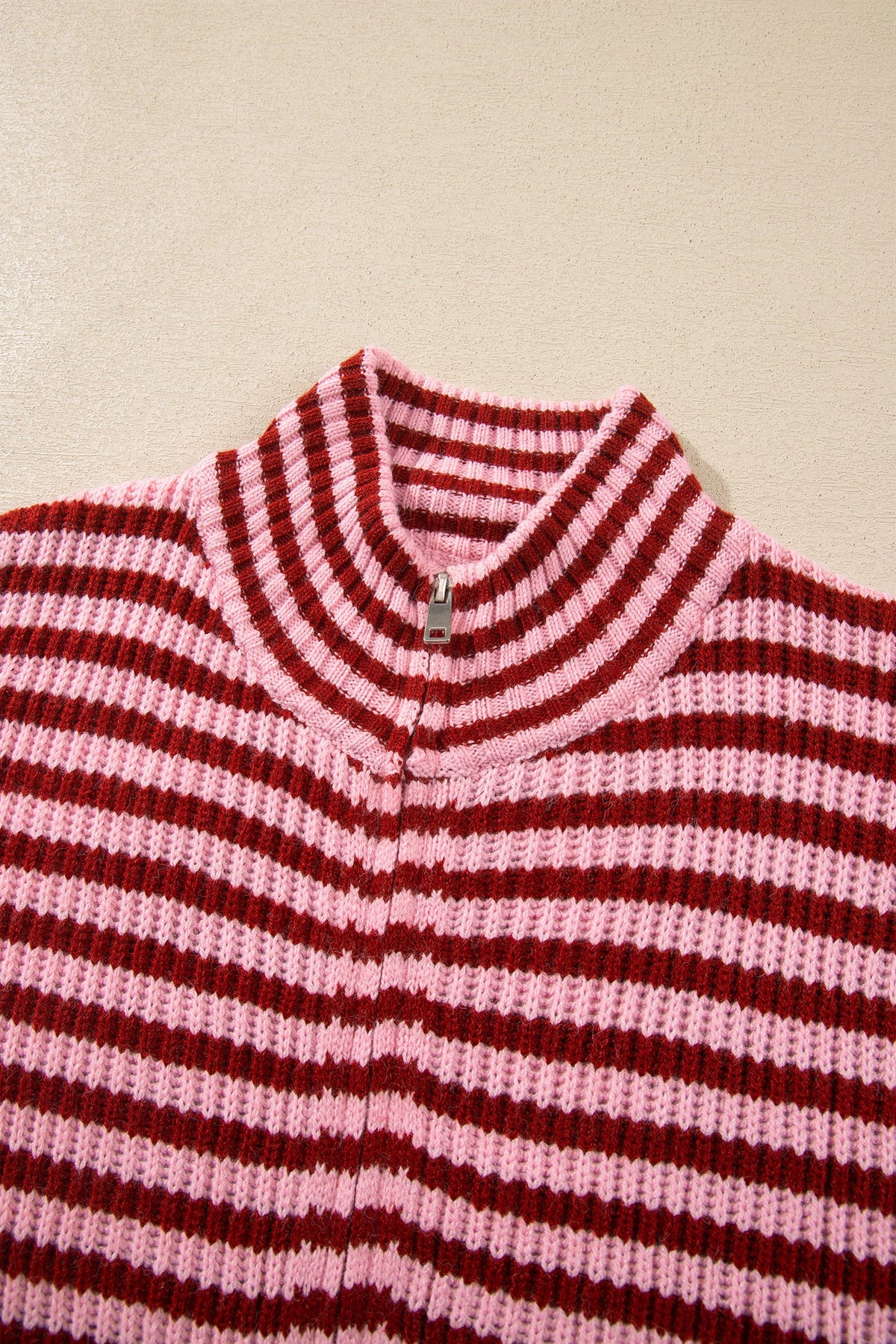 Stripe Mock Neck Drop Shoulder Zip-Up Cardigan