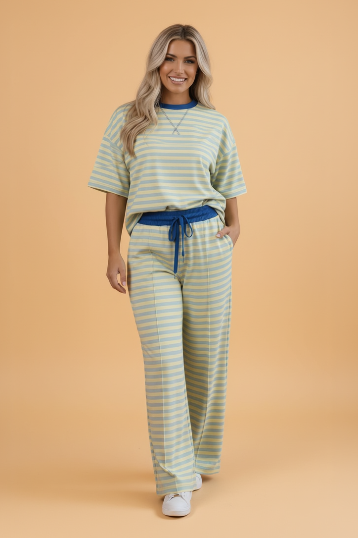 Stripe Colorblock Trim Short Sleeve Tee and Pants Set