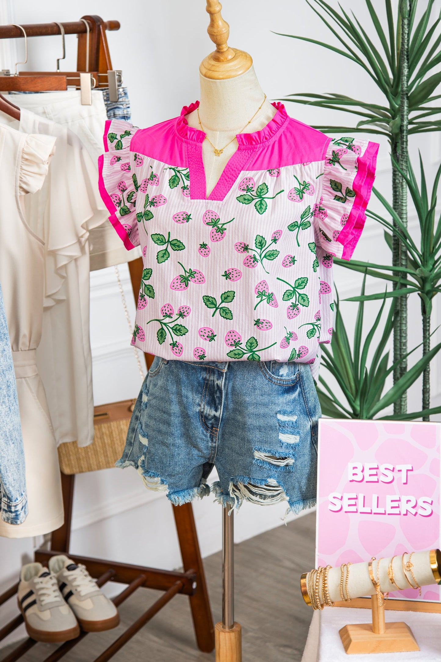 Stripe Strawberry Patchwork Flutter Sleeve V-Neck Blouse
