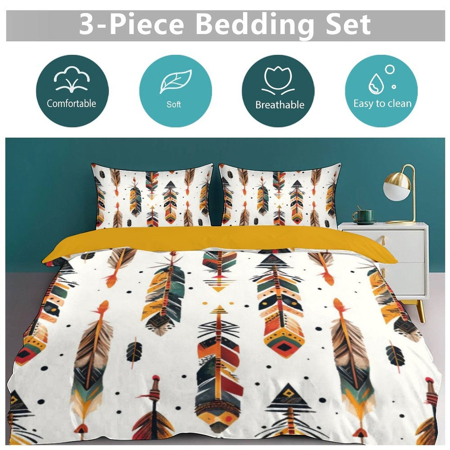 Boho Feather Print 3-Piece Bedding Set (1 Duvet Cover + 2 Pillow Shams) – 102"×90"