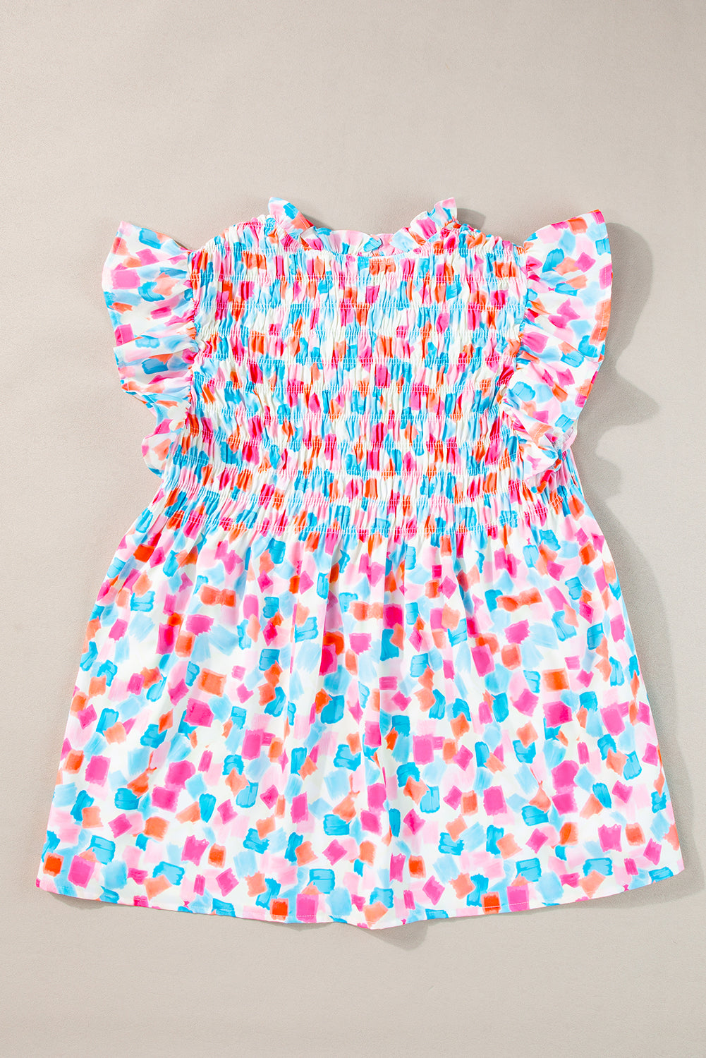 Abstract Print Shirred Yoke Ruffle Blouse