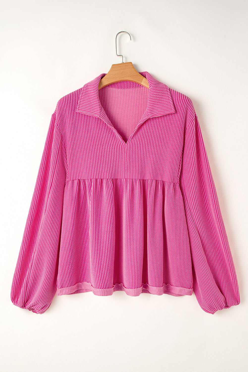 Corded V-Neck Bubble Sleeve Babydoll Blouse