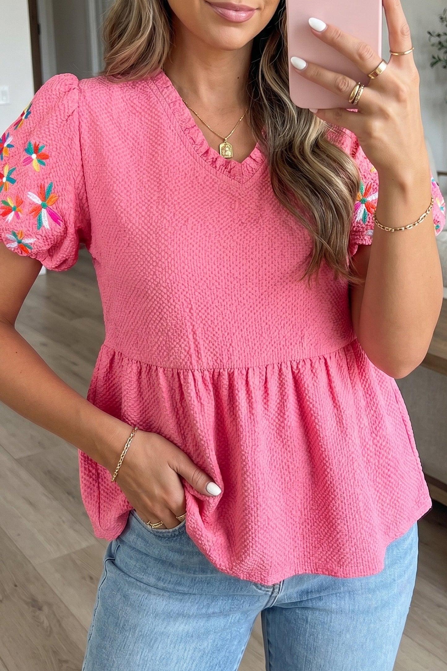 Flower Embroidered Puff Sleeve Frilled V-Neck Blouse