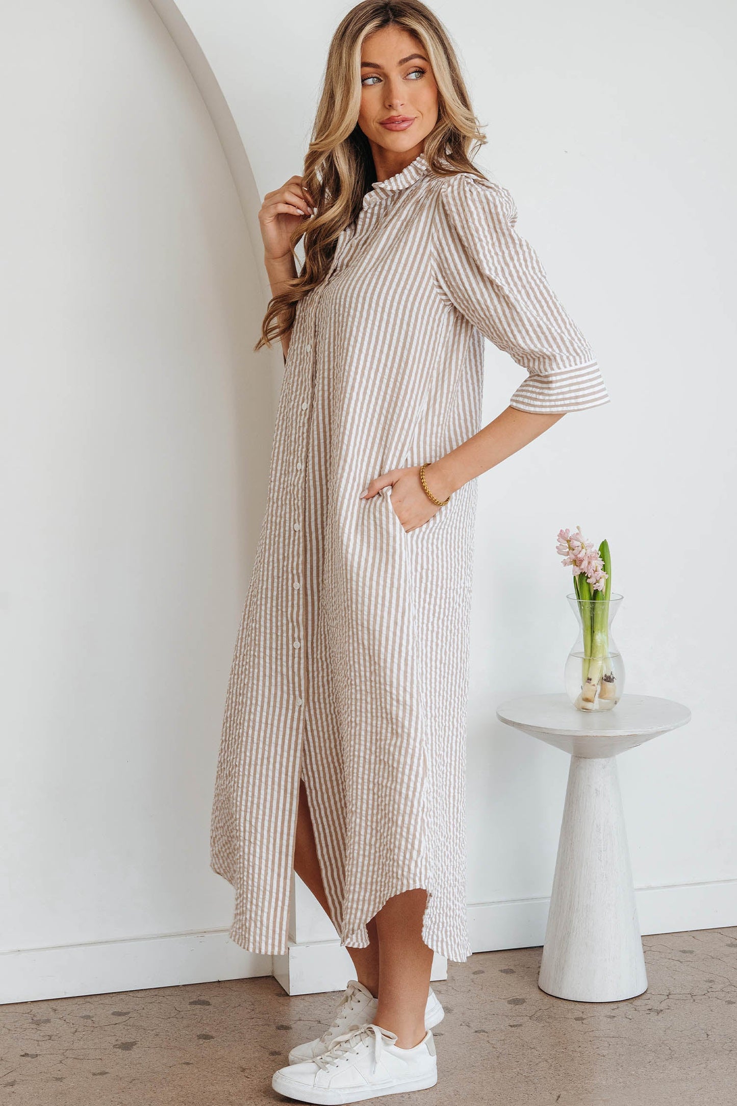 Stripe Frilled Collar 3/4 Sleeve Maxi Dress