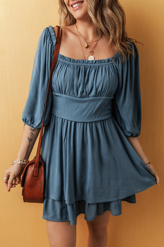 Solid Ruched Frilled Neck 3/4 Sleeve Dress