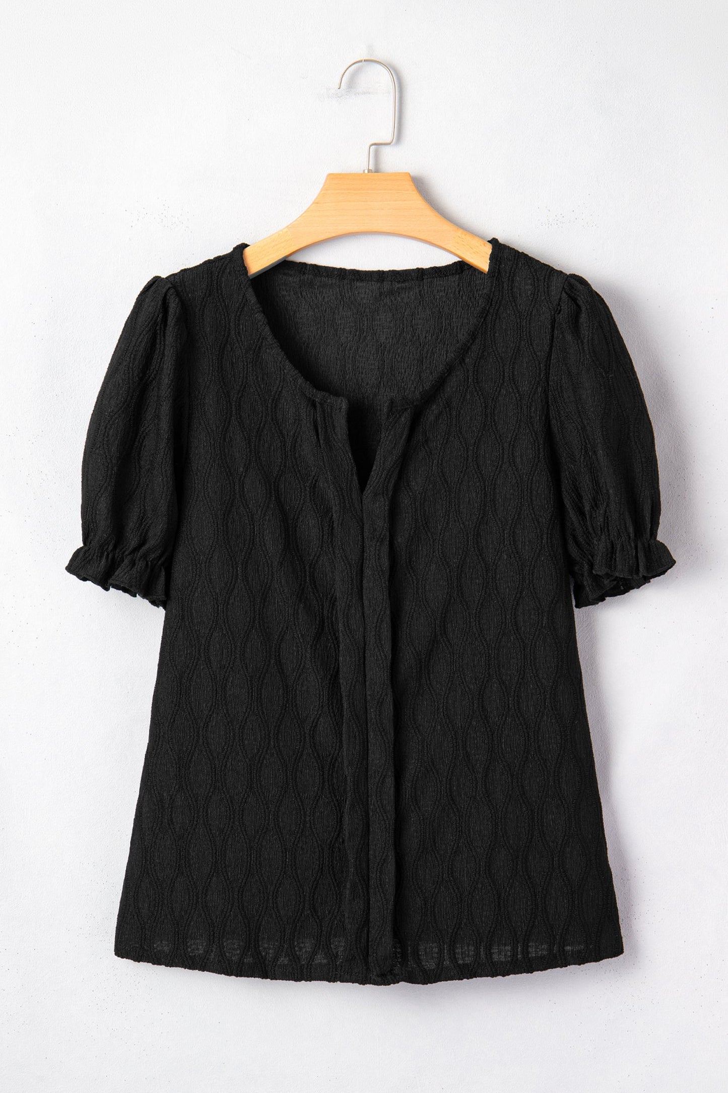 Solid Textured Notch Neck Puff Sleeve Blouse