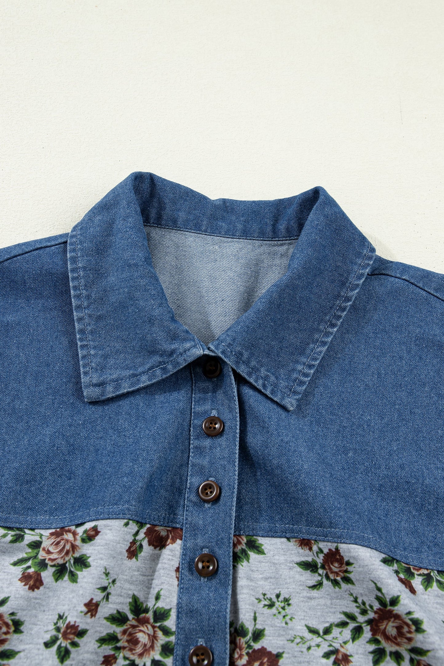 Floral Retro Denim Patchwork Button Collar Top