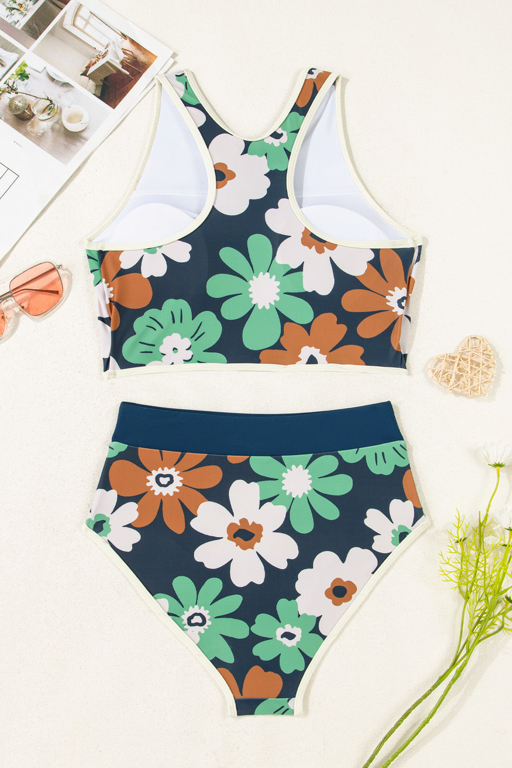 Flower Zip-Up Racerback Bikini Top & Highwaist Bottom