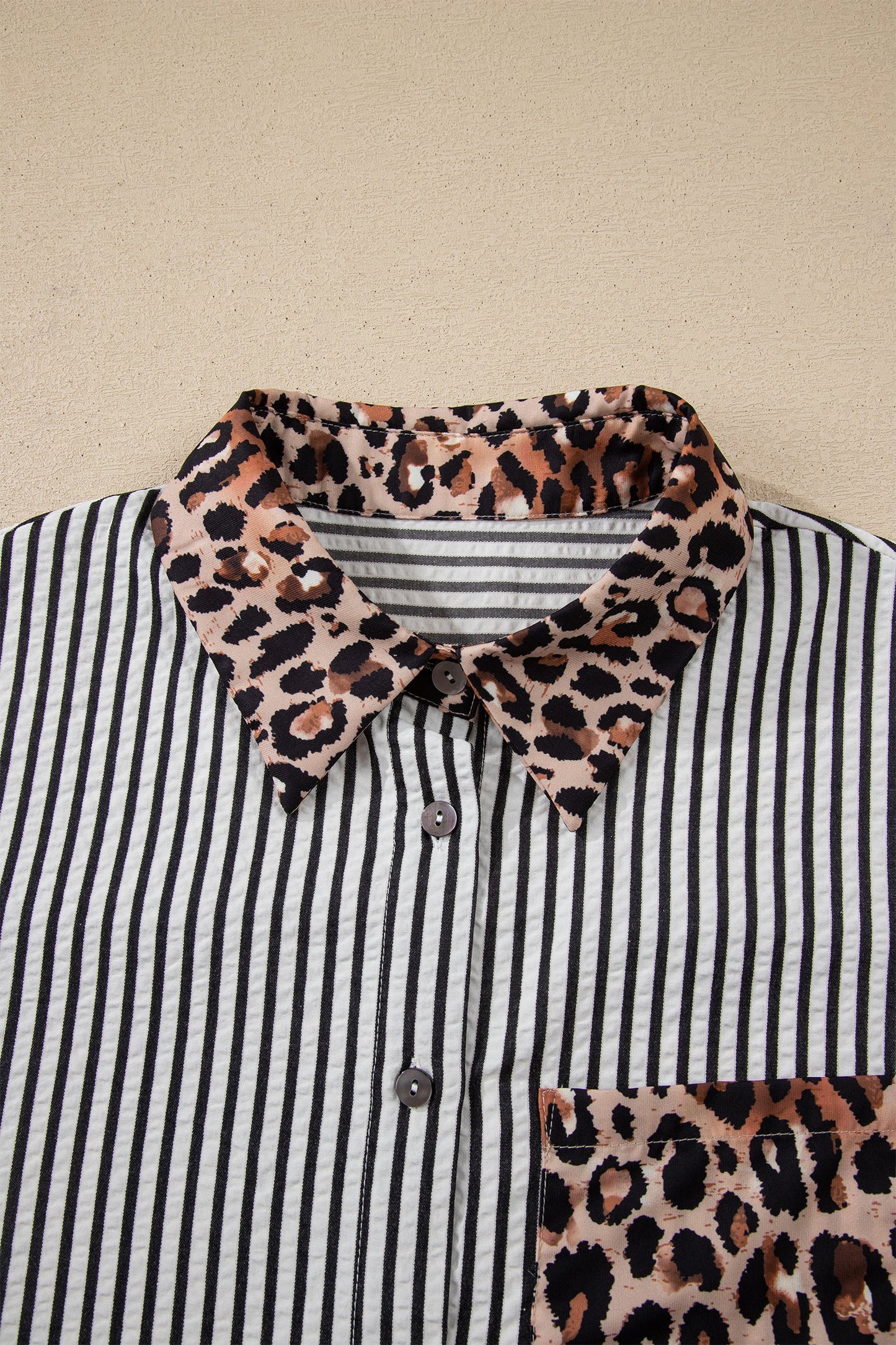 Stripe Leopard Patchwork Button-Up Womens Shirt