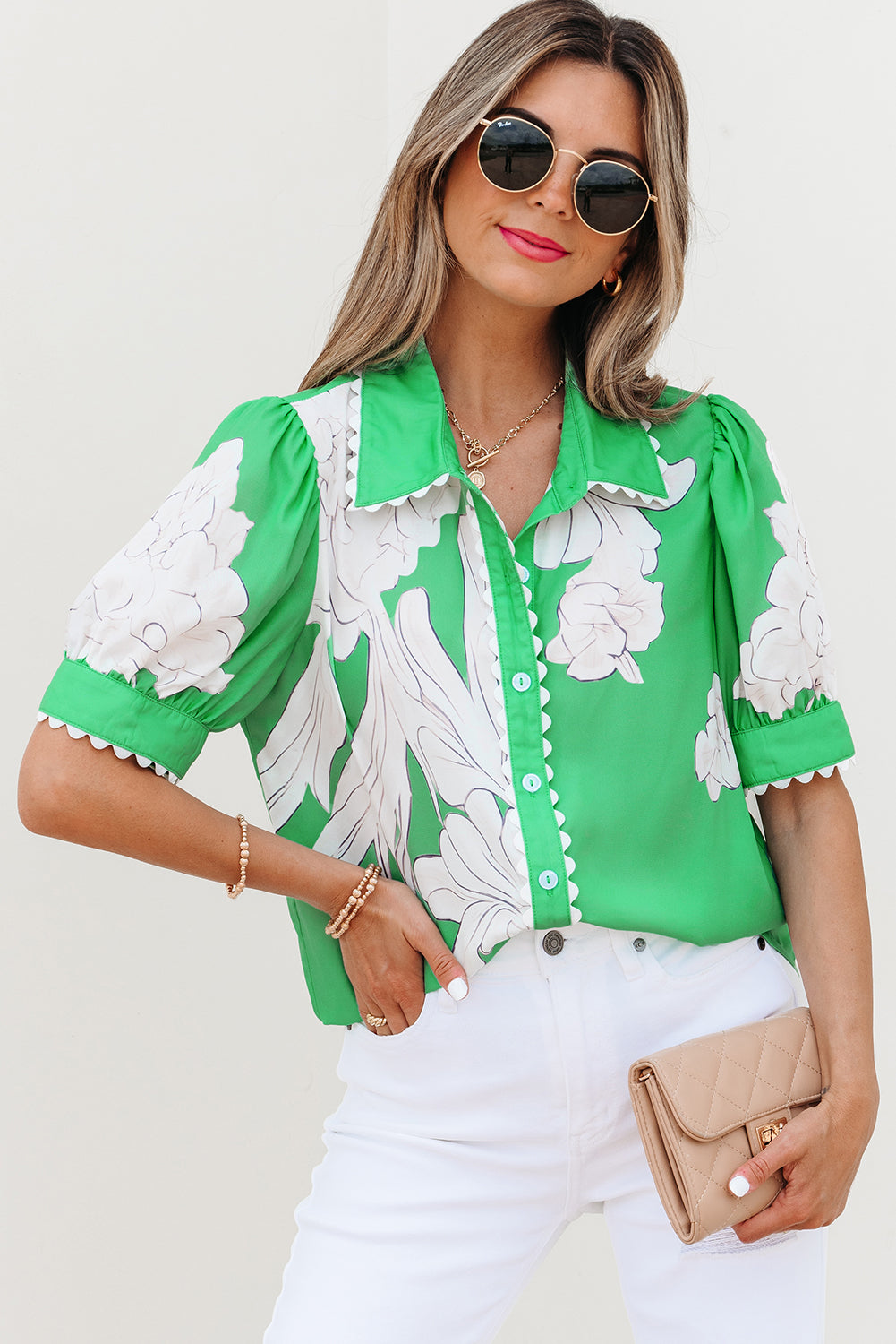 Floral Ric-Rac Edge Puff Sleeve Button-Up Shirt