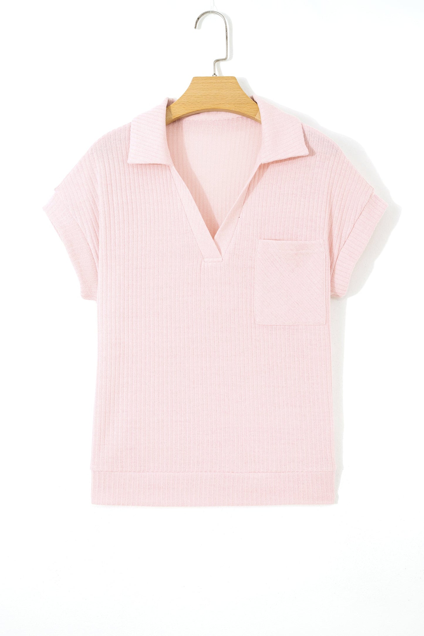 Solid Ribbed Knit Collared V-Neck Tee