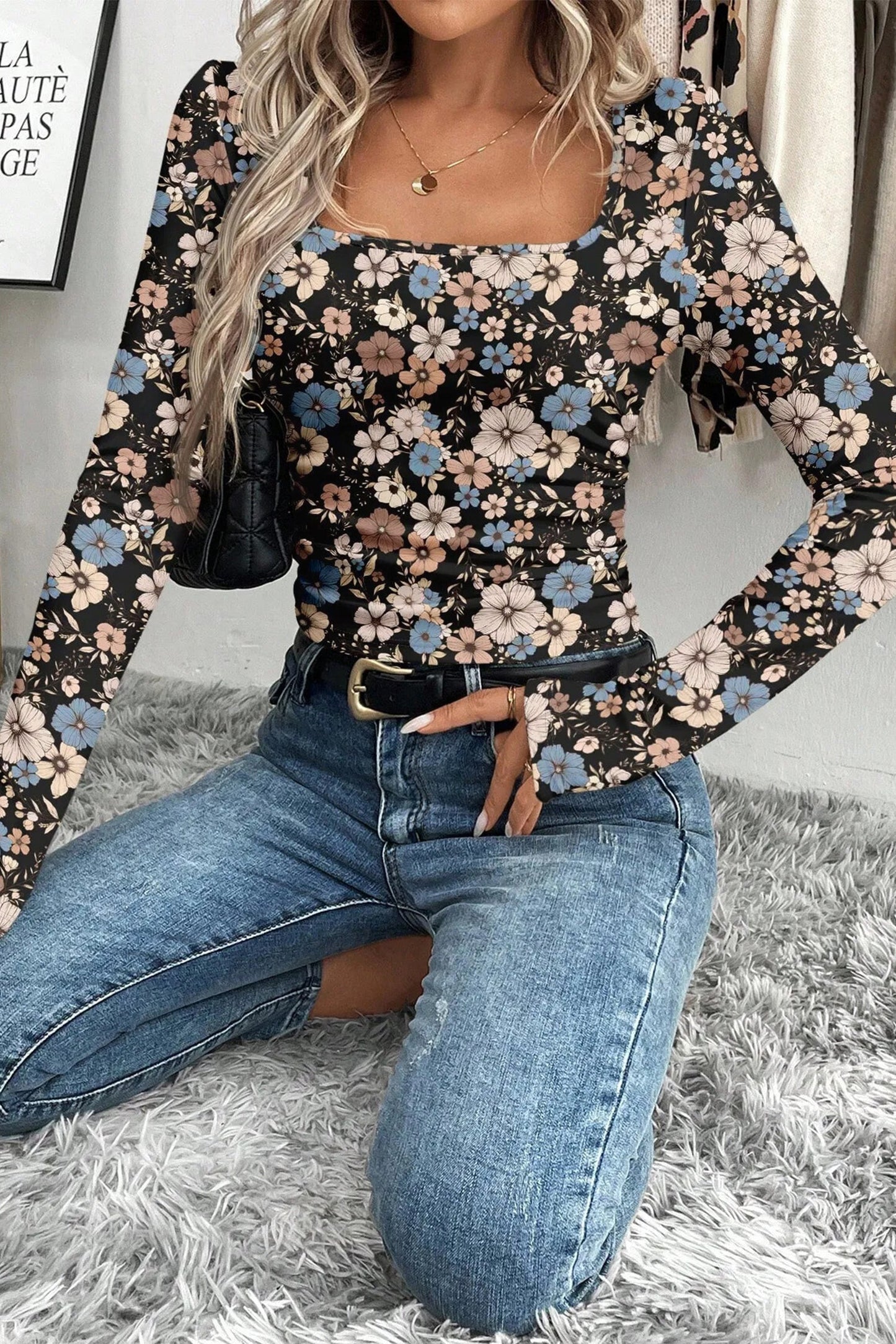 Leopard & Floral Square Neck Long Sleeve T-Shirt