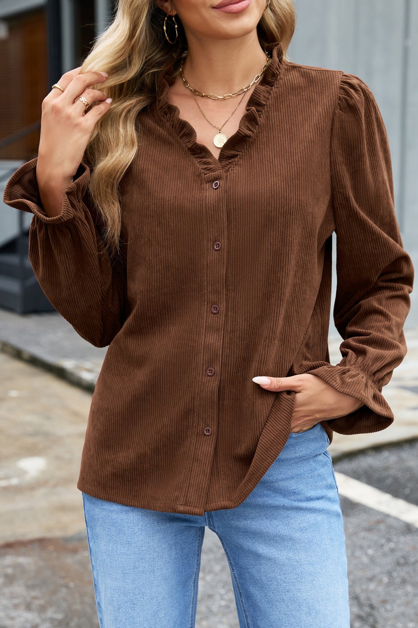 Solid Ruffle Trim V-Neck Long Sleeve Corduroy Shacket