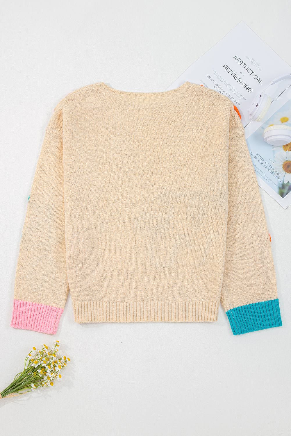 Flower Contrast Colorblock Cuffed Loose Sweater