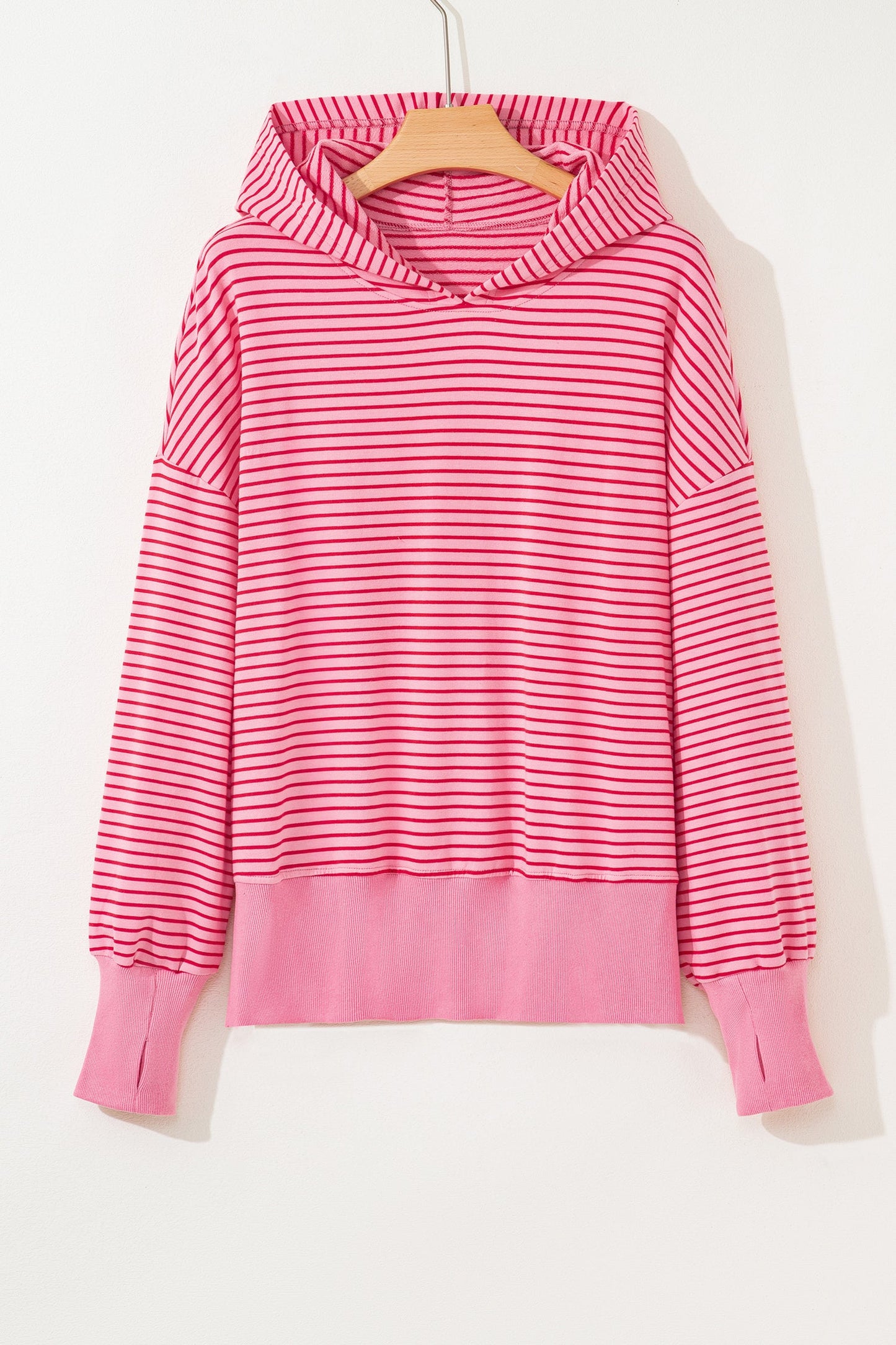 Stripe Thumbhole Side Slit Drop Shoulder Hoodie