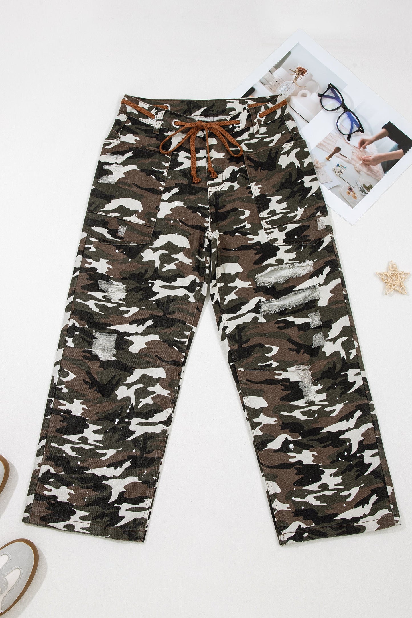 Camo Distressed Loose Denim Pants