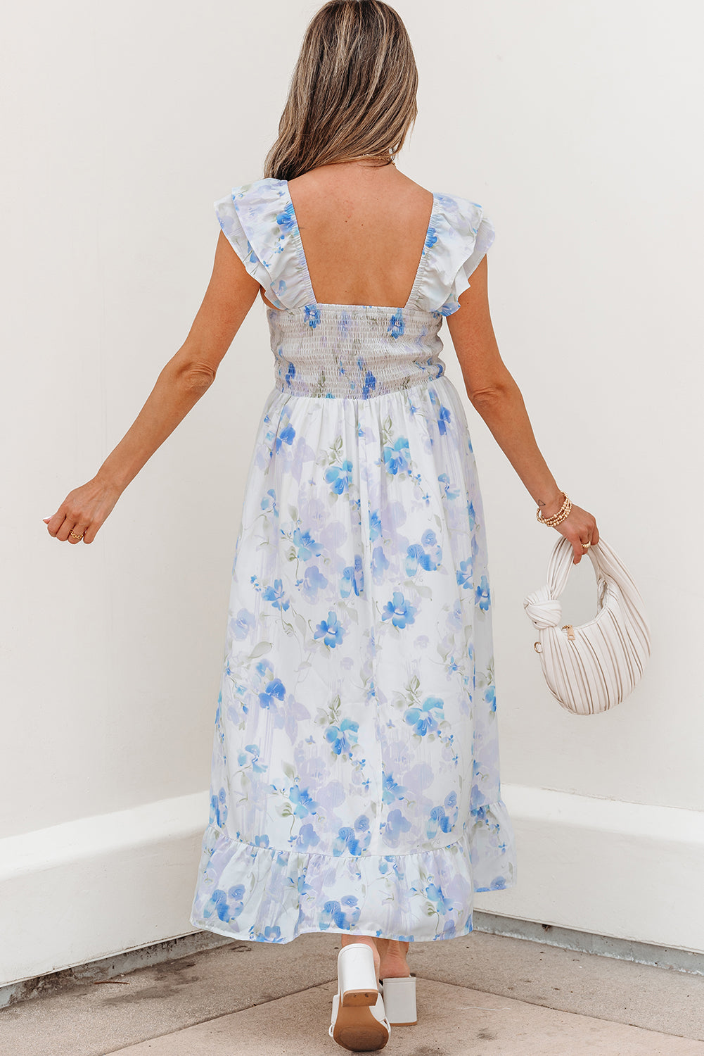 Floral Ruffle Sleeve Smocked High Waist Dress