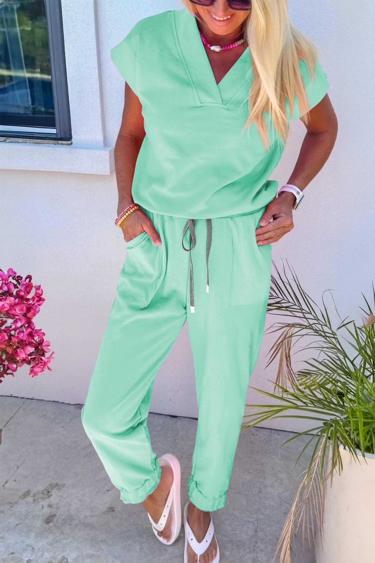 Solid V-Neck Tee & Drawstring Pants Set