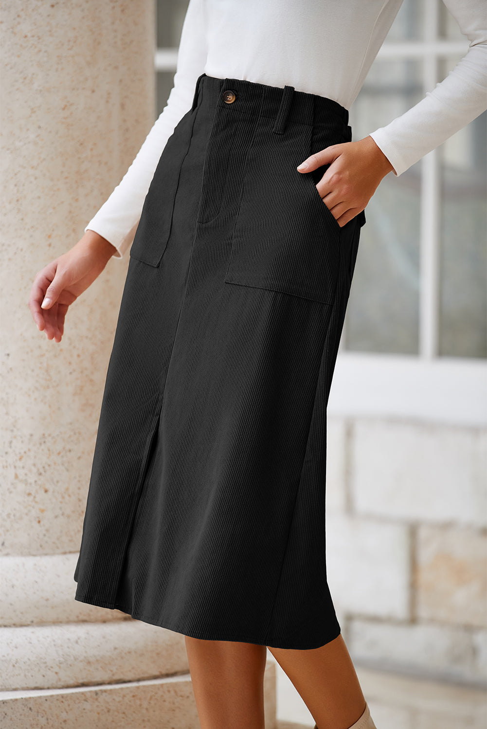Solid High Waist Front-Slit Midi Skirt