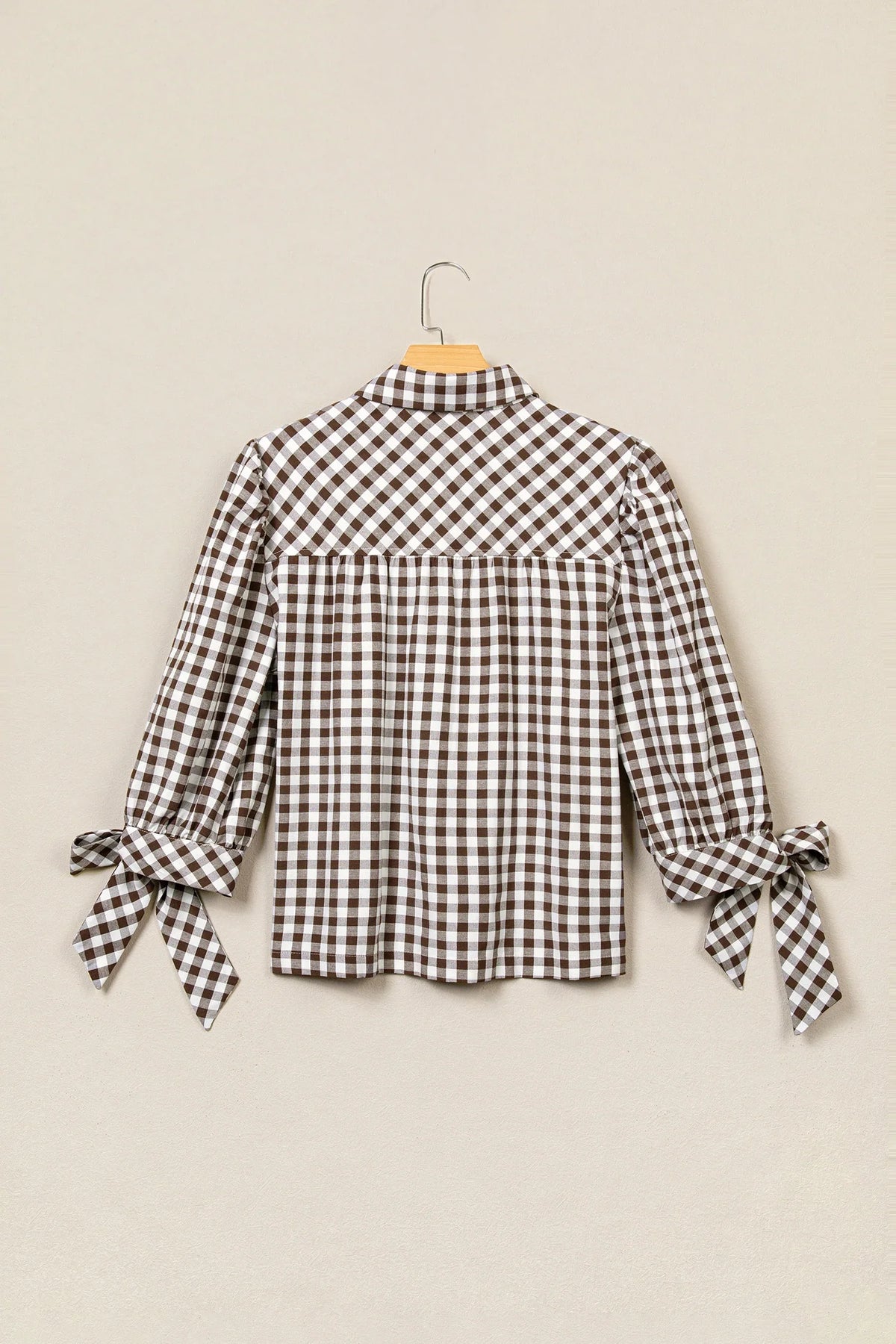 Gingham Bow Tie 3/4 Sleeve Button Down Shirt
