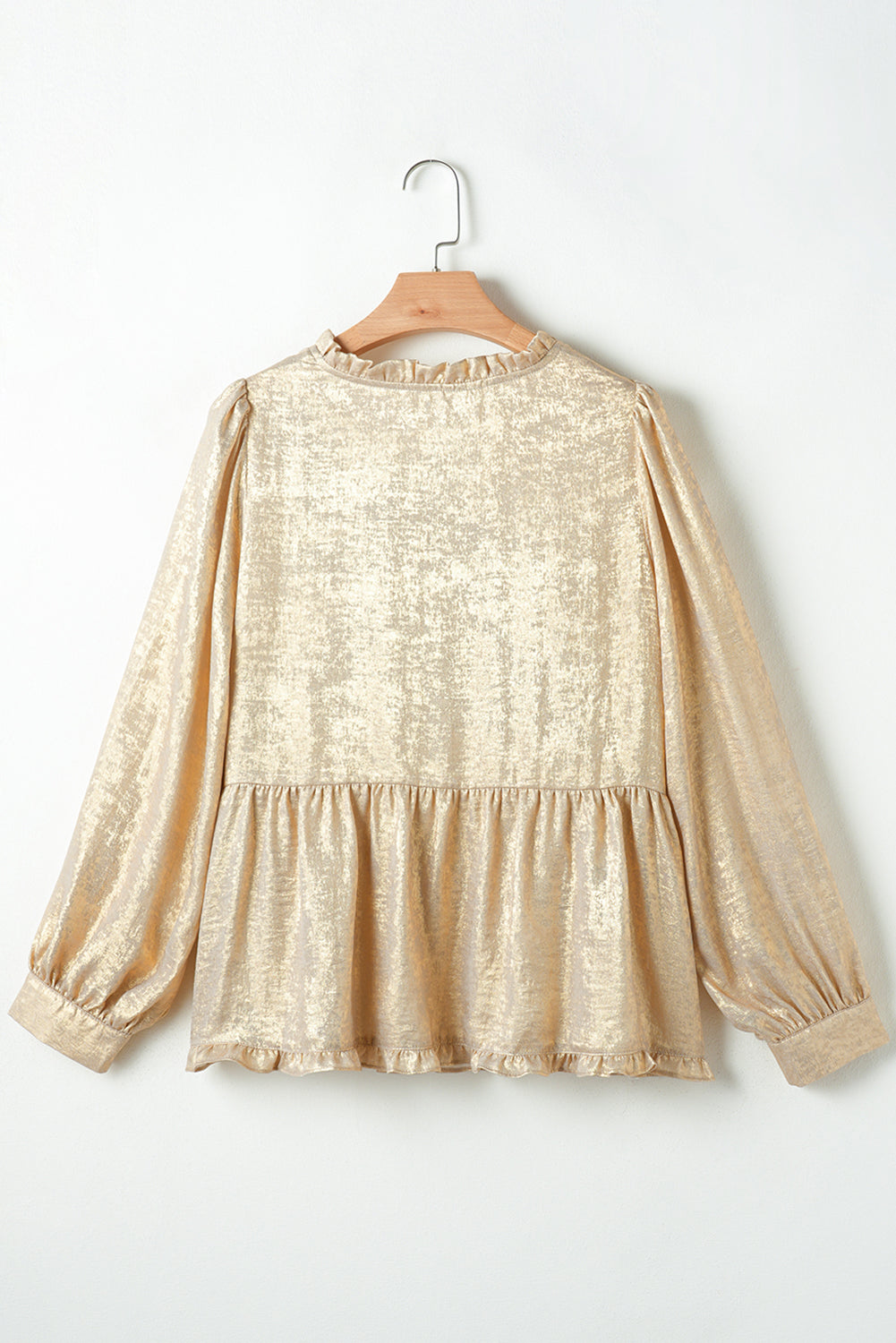Solid Metallic V-Neck Puff Sleeve Babydoll Blouse