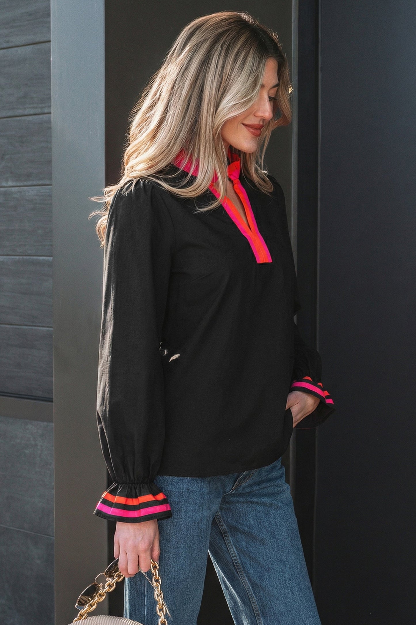 Stripe Trim Ruffle Split Neck Long Sleeve Blouse