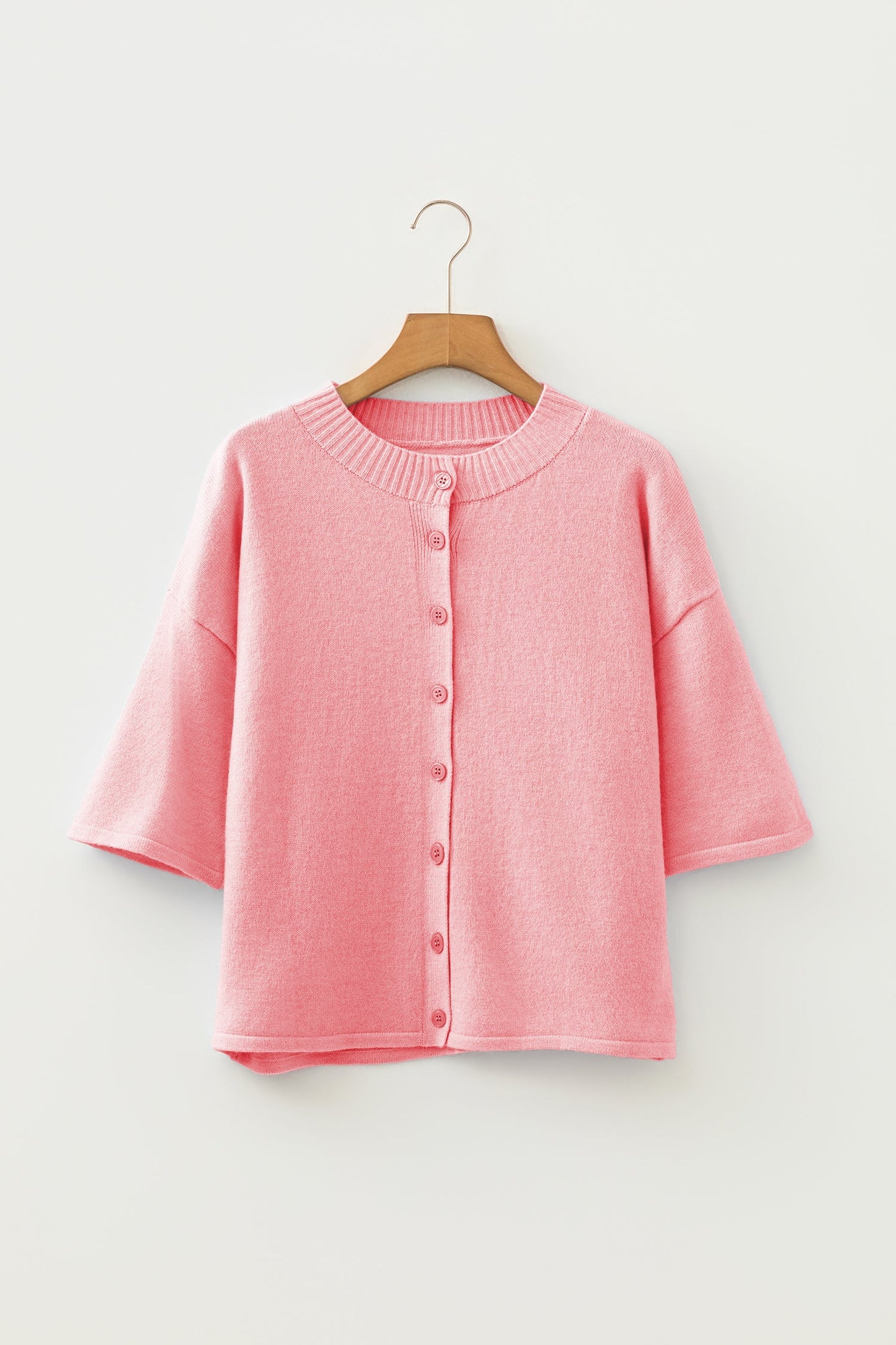 Solid 3/4 Sleeve Boxy Button-Down Cardigan