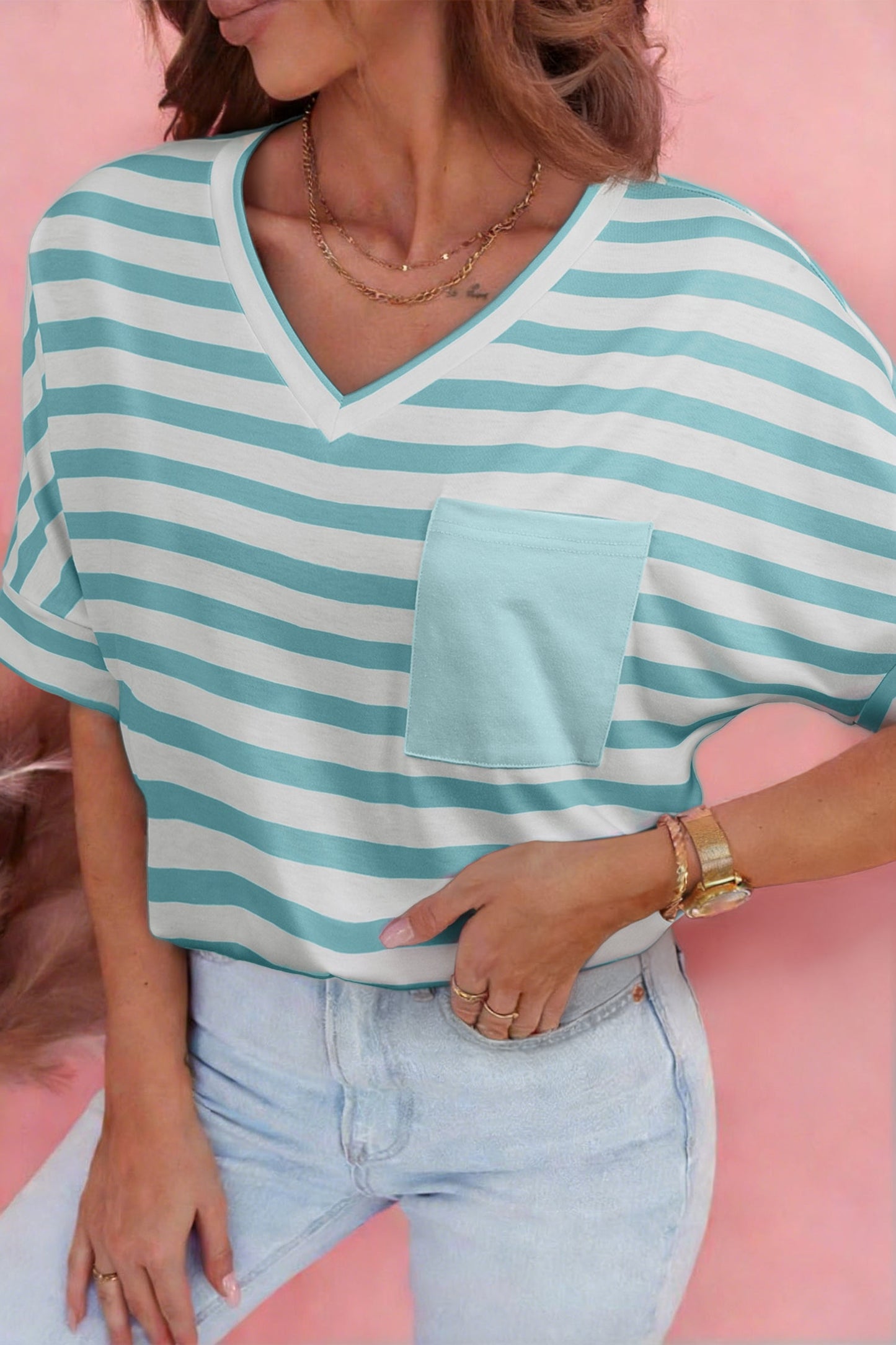 Stripe V-Neck Patch Pocket T-Shirt