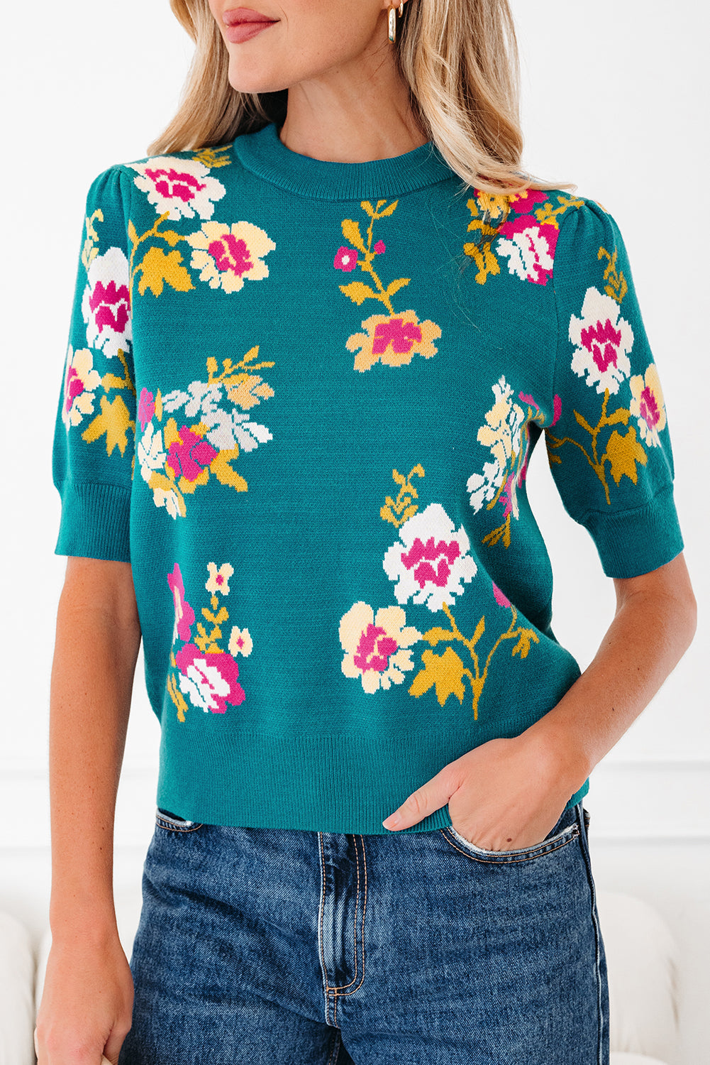 Floral Knit Crewneck Short Sleeve Top