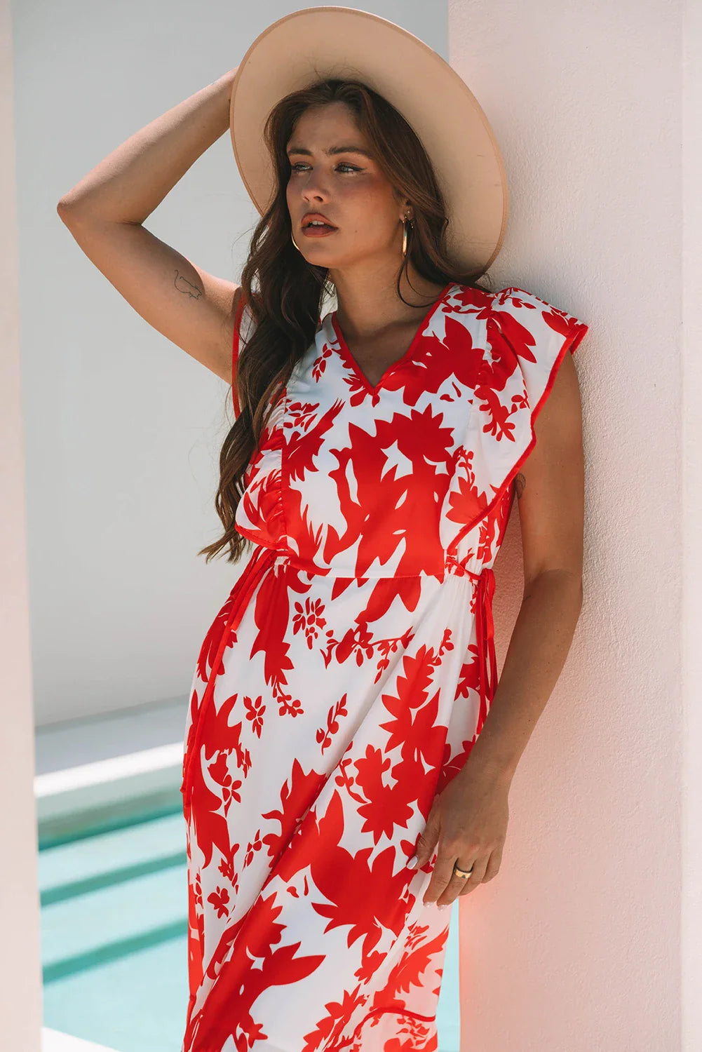 Floral Trim V-Neck Ruffle Sleeve Long Dress