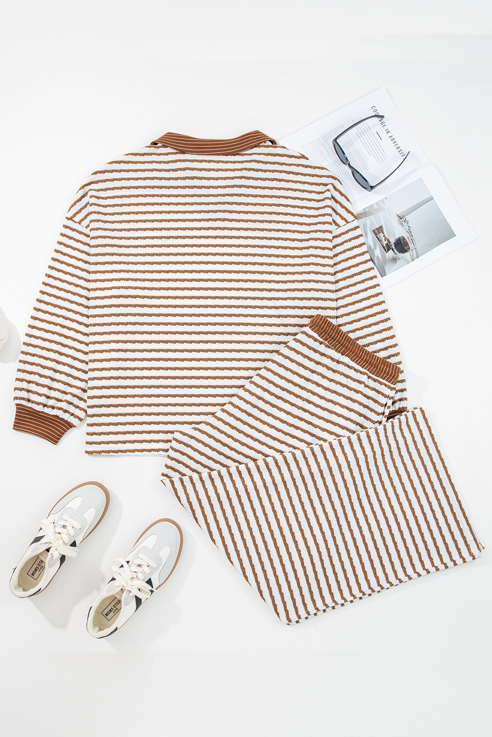 Plus Size Stripe V-Neck Pullover and Drawstring Pants Set