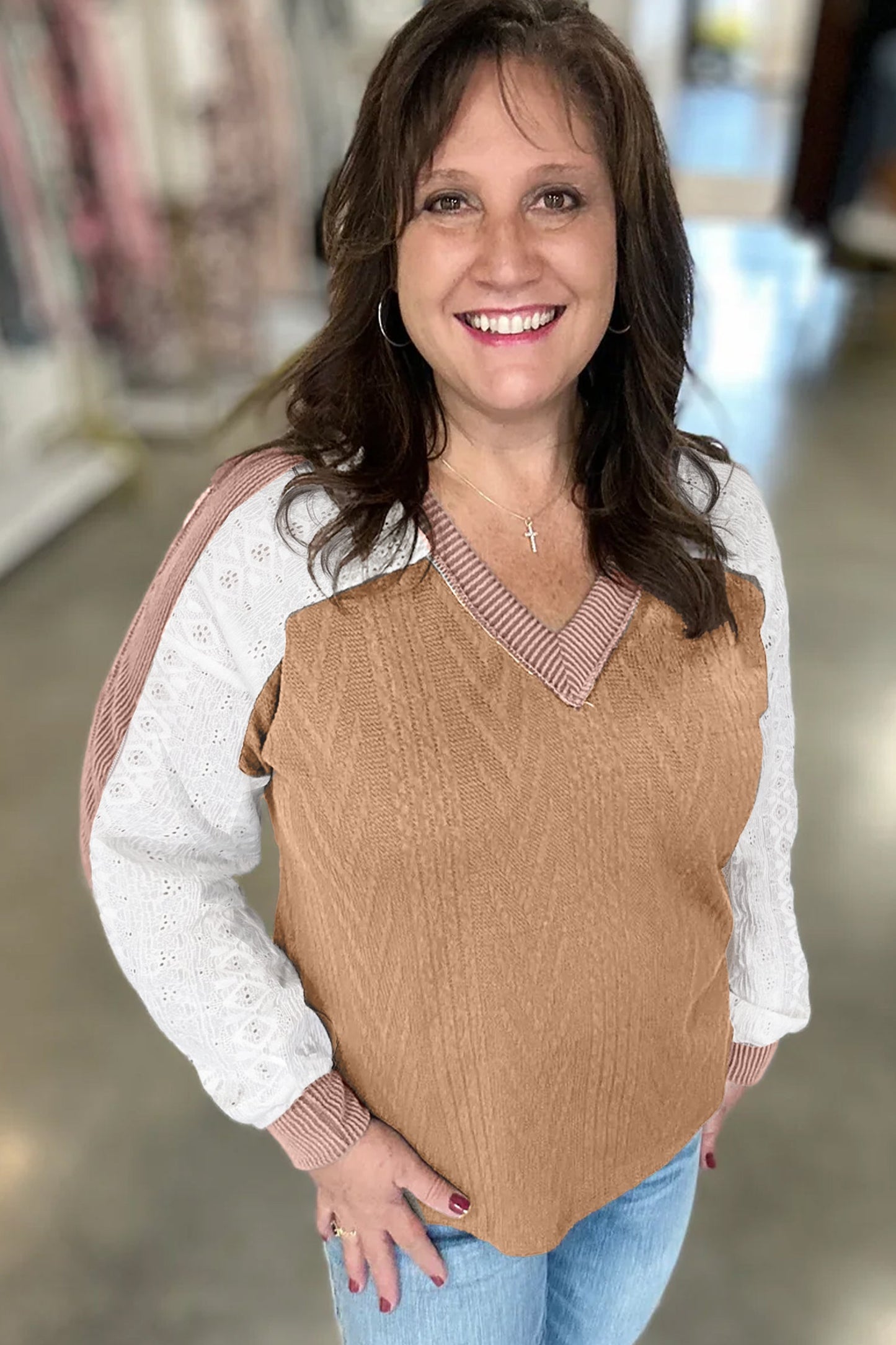 Plus Size Colorblock Lace Patchwork Long Sleeve Blouse