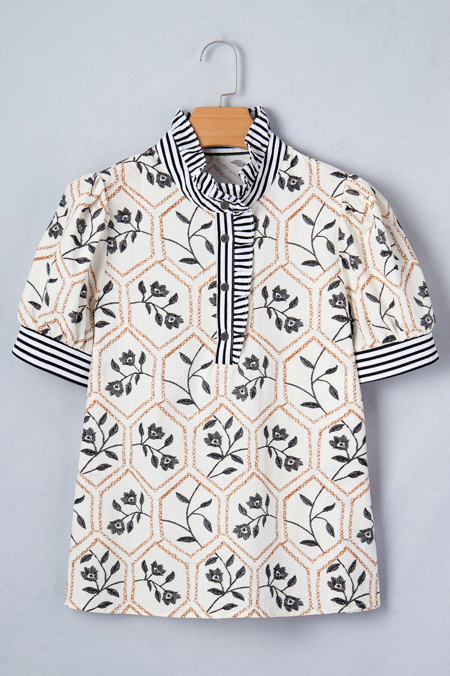 Floral Stripe Patchwork Button Neck Blouse