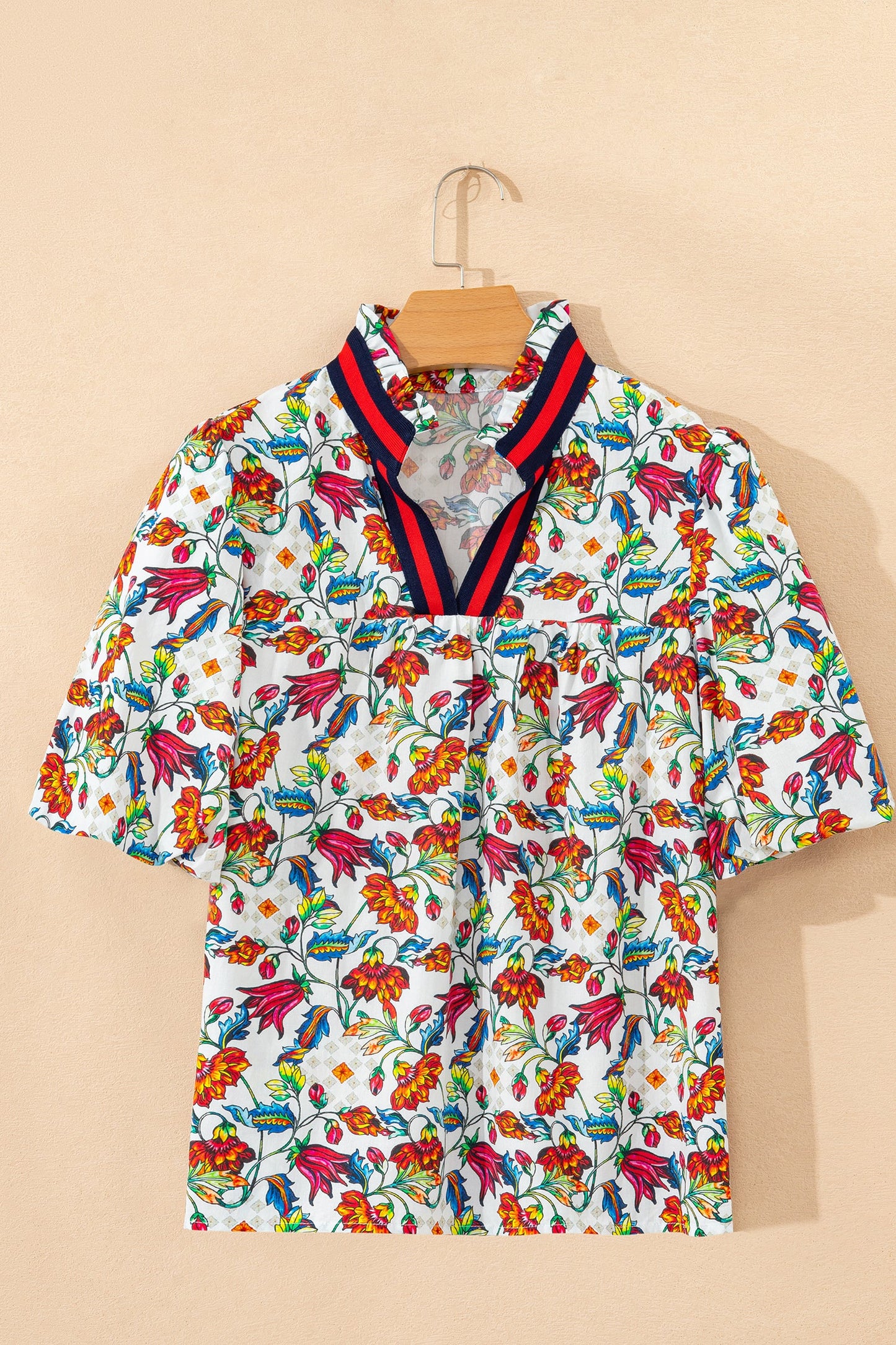 Floral Contrast V-Neck Puff Sleeve Blouse