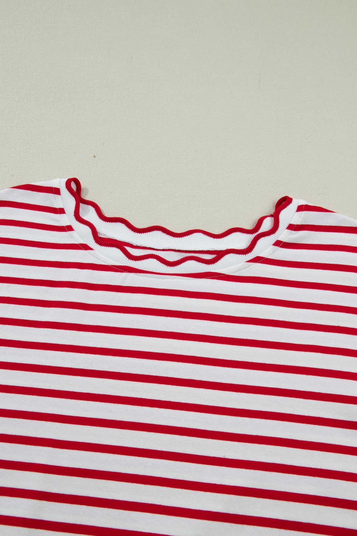 Plus Size Stripe Scalloped Trim Round Neck Top