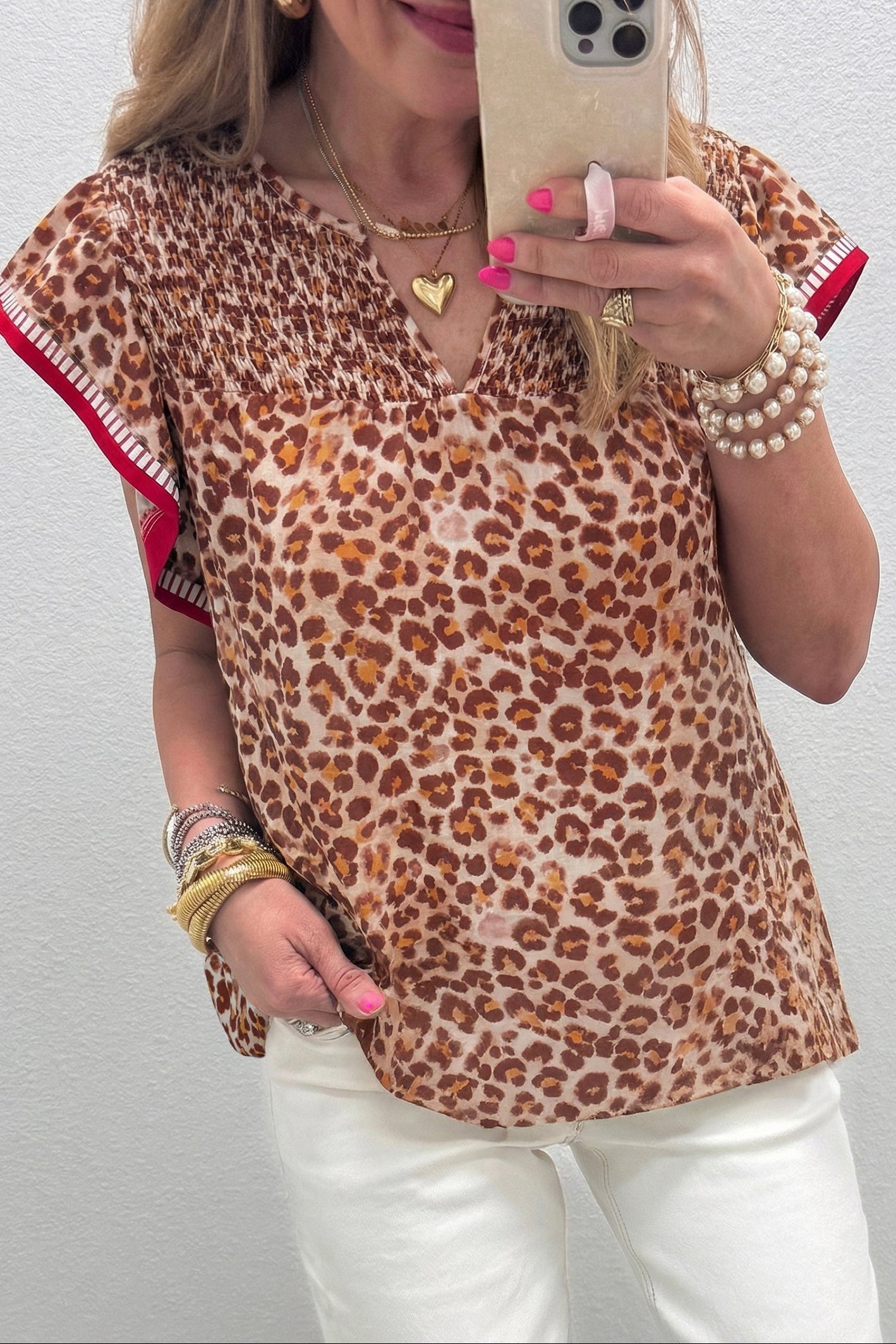 Leopard Contrast Trim Ruffle Short Sleeve Blouse