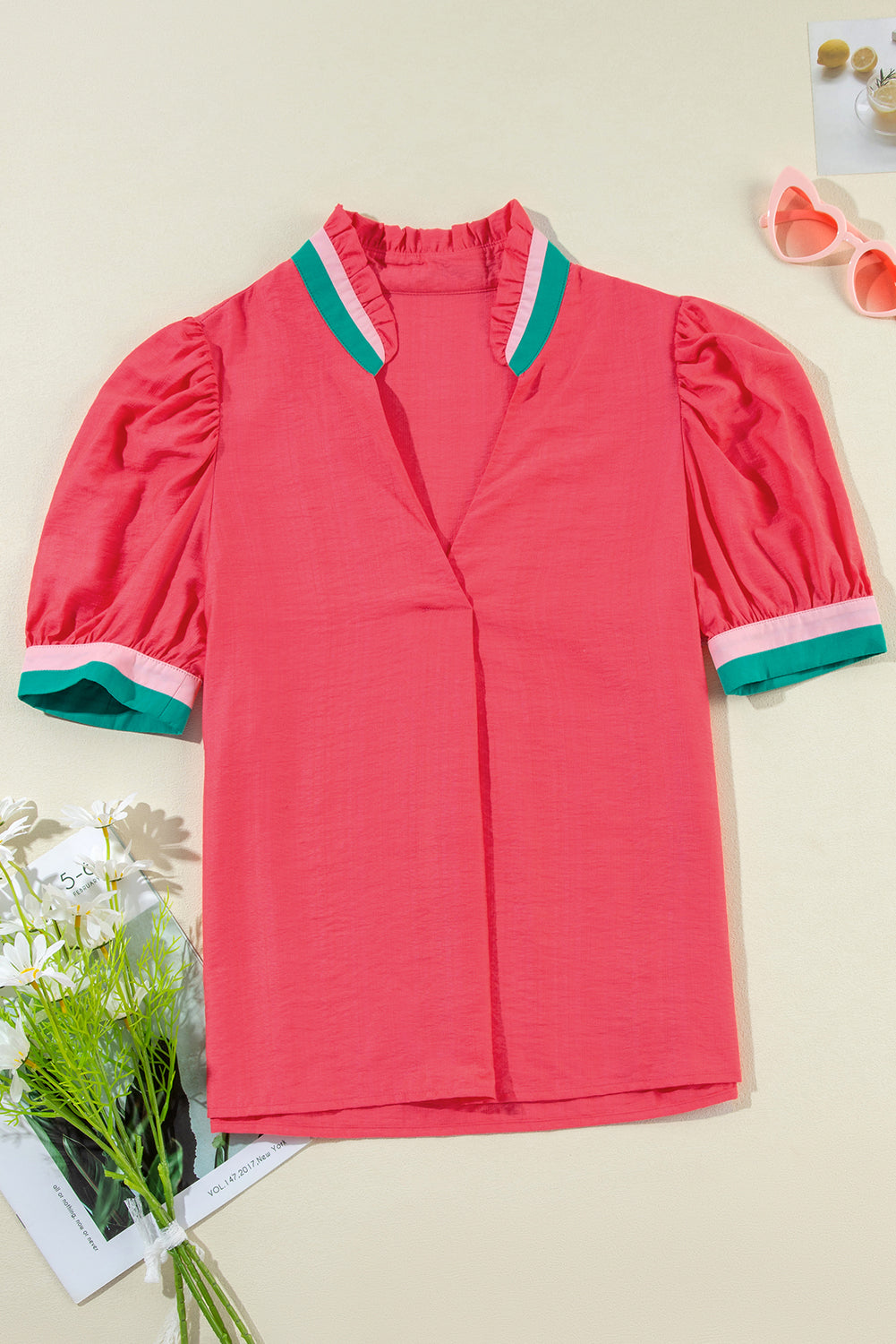 Colorful Trim V-Neck Short Sleeve Blouse