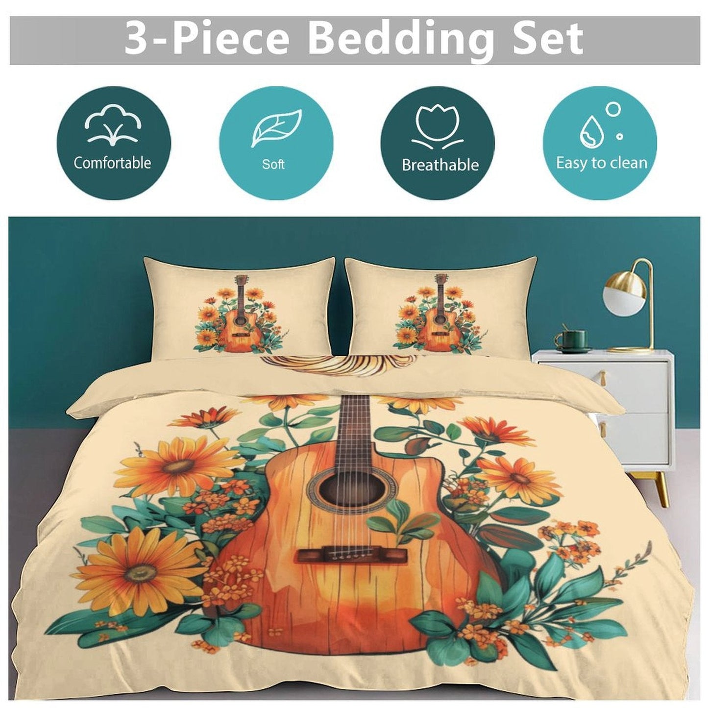 Boho Dolly Guitar Design 3-Piece Bedding Set (1 Duvet Cover + 2 Pillow Shams) – 102"×90"