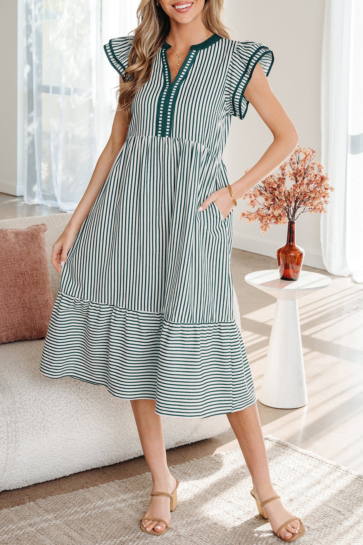 Stripe Ruffle Short Sleeve V-Neck Midi Dress