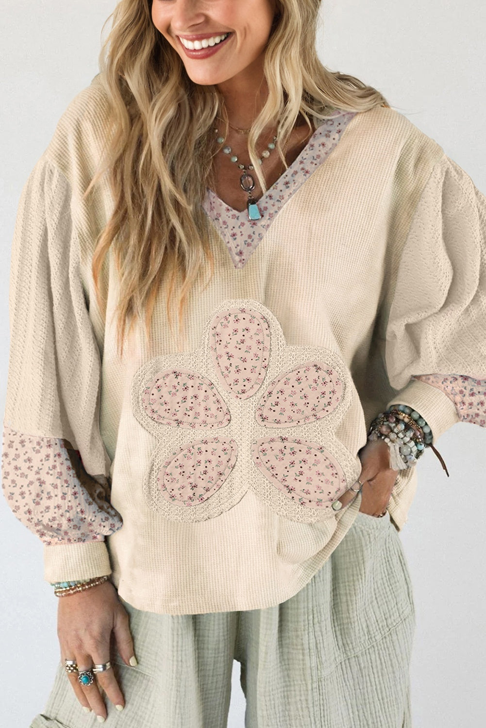 Floral Patchwork Waffle Textured V-Neck Hooded Top