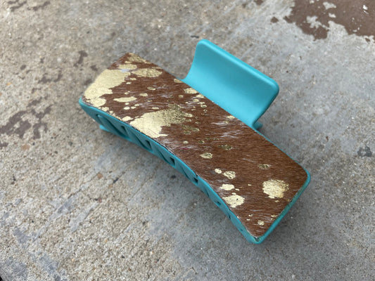 Gold Acid Wash Cowhide Turquoise Tooled Leather Hair Claw Clips 4”
