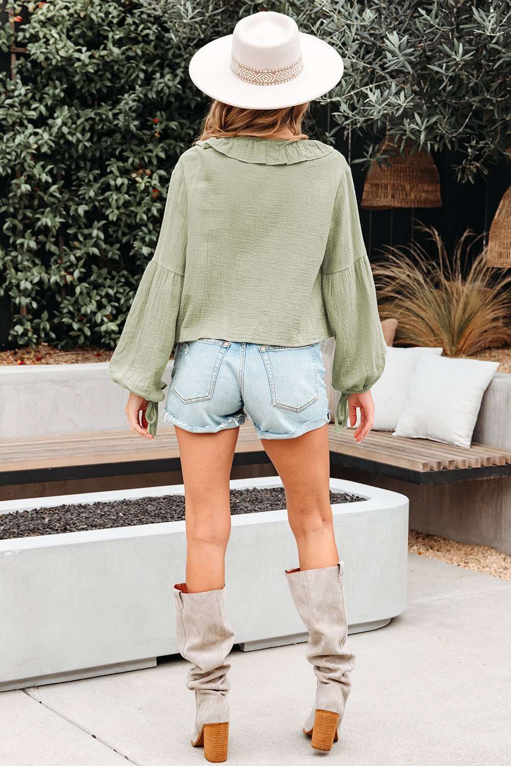 Solid Tie Front V-Neck Ruffle Trim Blouse