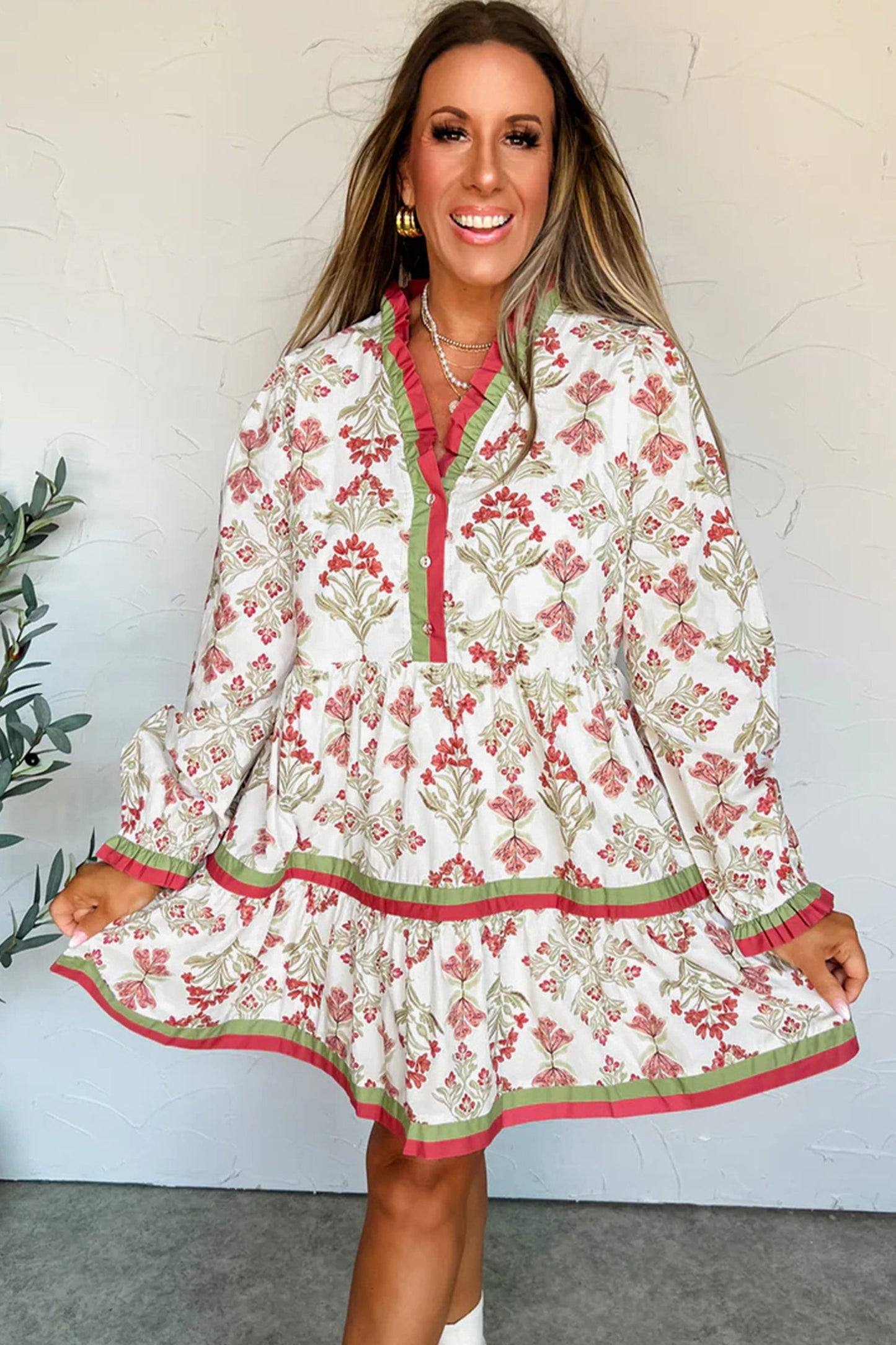 Floral Contrast Trim Frilled Neck Dress