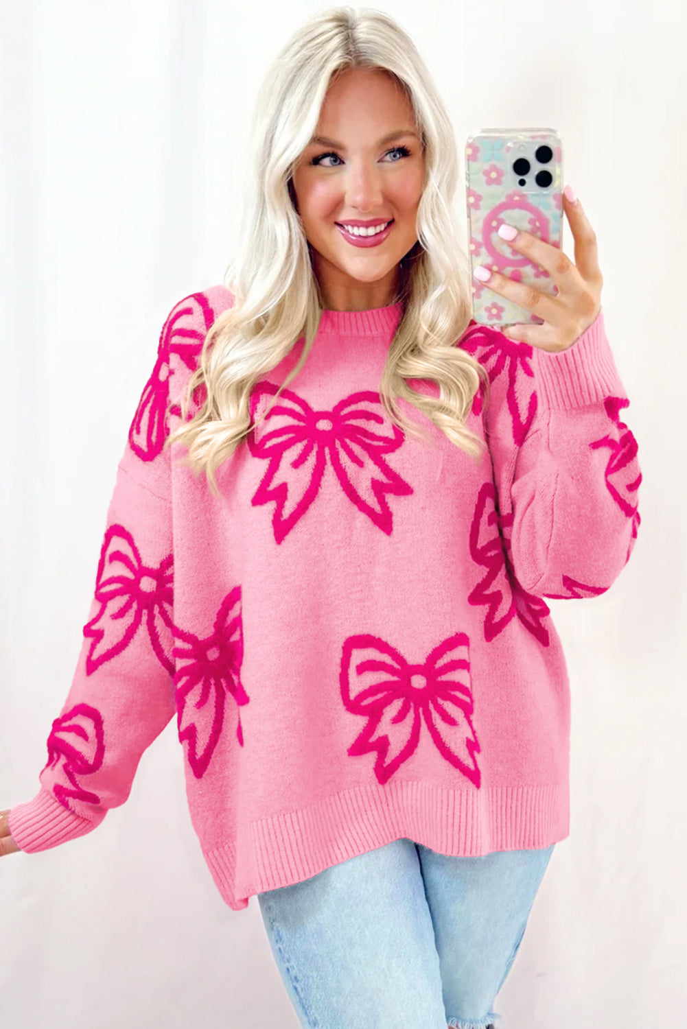 Bow Drop Shoulder Long Sleeve Sweater