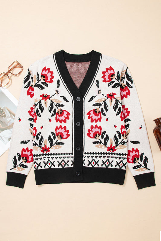 Floral Knit Button-Front V-Neck Cardigan